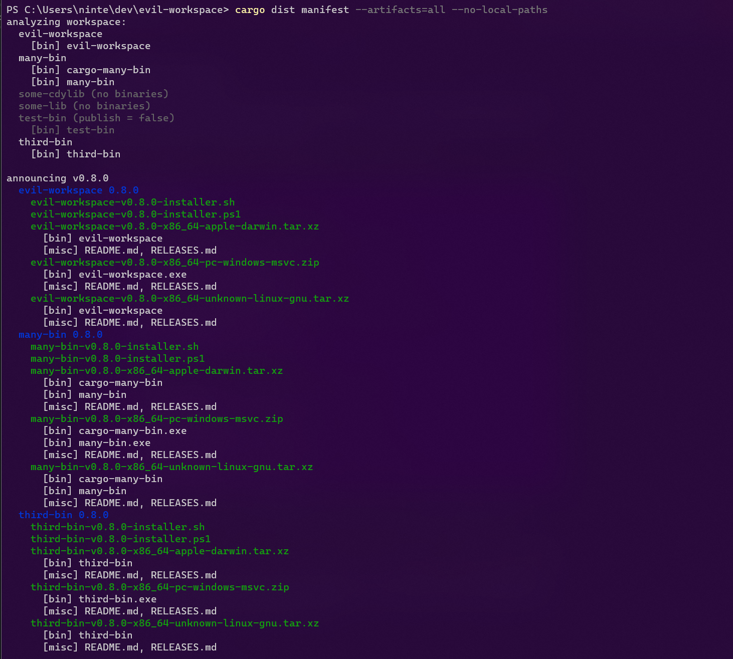 A screenshot of running cargo dist manifest --artifacts=all on a really complicated workspace with multiple binary-having-packages and packages-with-multiple-binaries. It starts with a printout of what cargo-dist thinks your apps are, and then concludes with a printout of the announcement tag and all the artifacts that will be built.