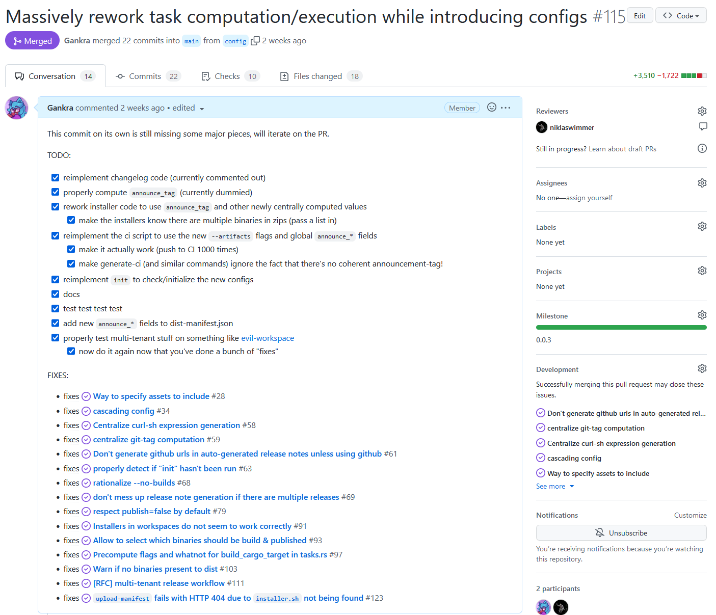 screenshot of a Github PR "Massively rework task computation/execution while introducing configs" that fixes about 20 issues and touches 3500 lines of code
